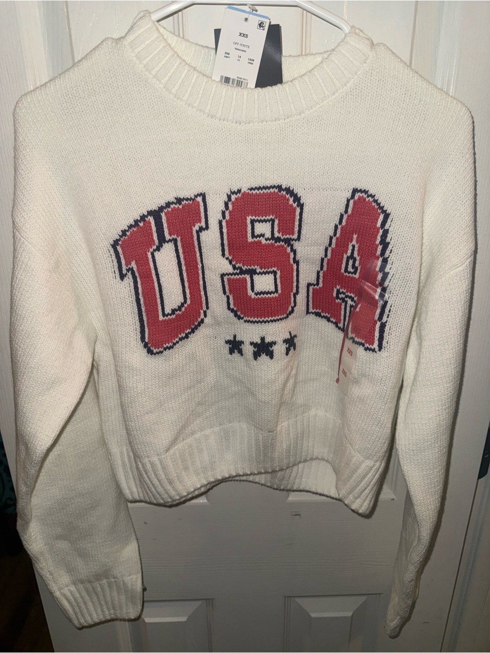 Off-White Women's Cream Crewneck Sweater with Red USA Graphic